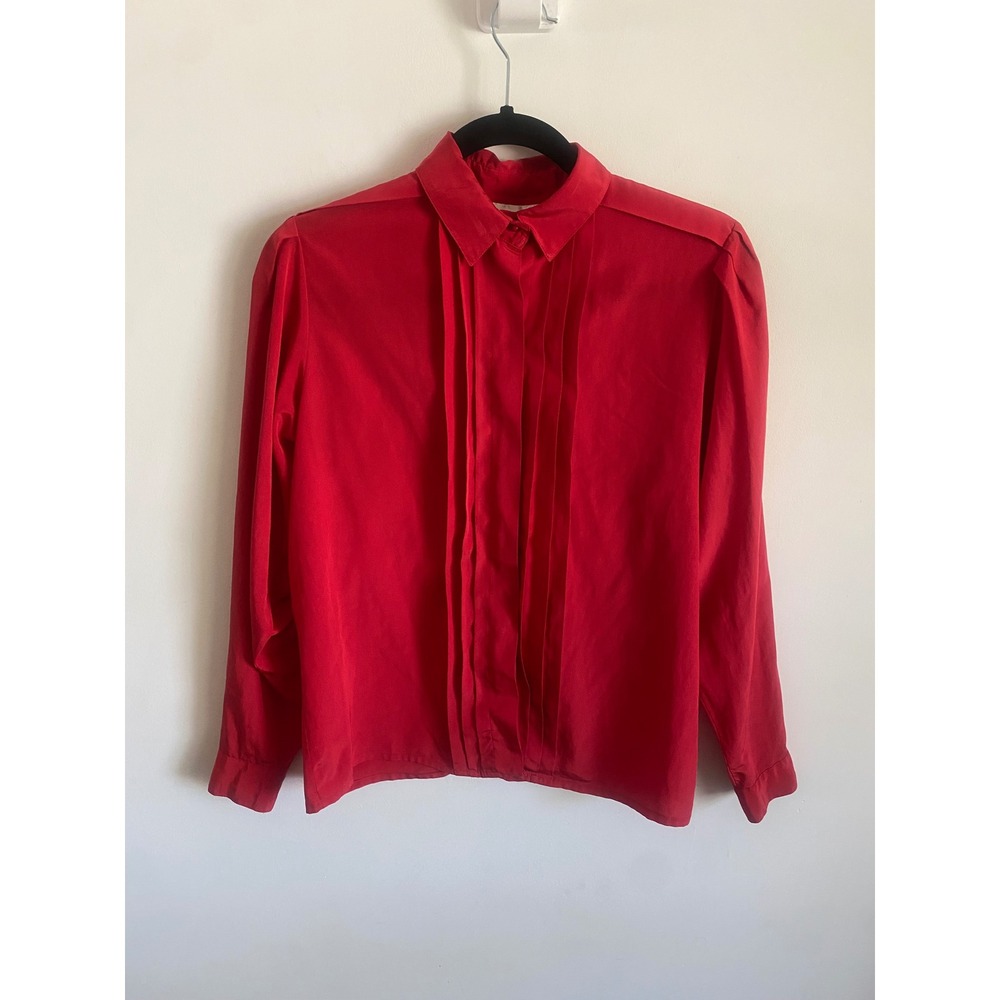 Josephine Vintage Red Pleated Tuxedo Blouse Long Sleeve Button Up Size 6